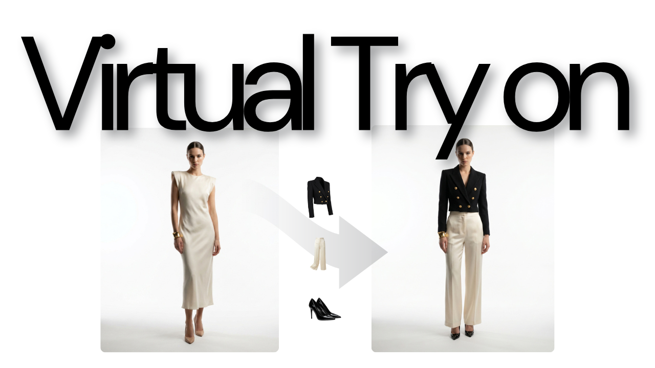 A model wearing garments composited from flat-lay product shots on a white studio backdrop